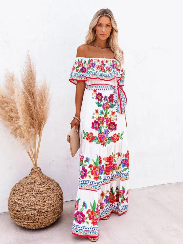 Elegant One-shoulder Short-sleeved Dress For Women Fashion Splicing Floral Print Dresses